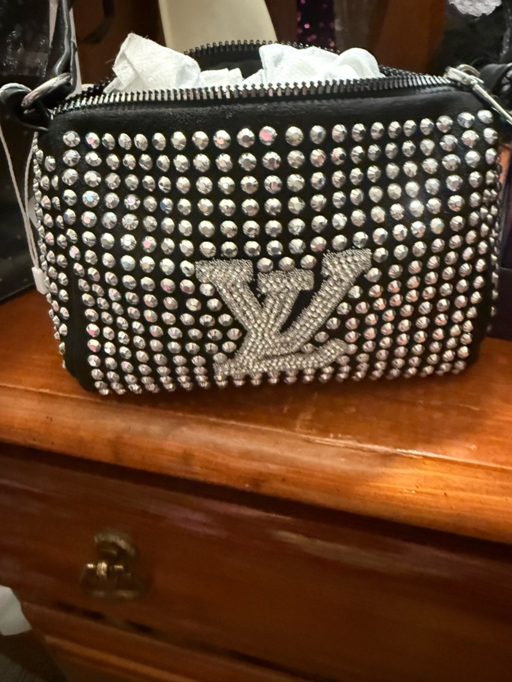 Mini-Crystal-Embellished Black Studded Women's Crossbody Bag - Picture 4 of 11
